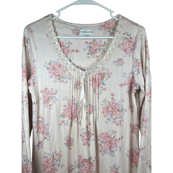 Miss Elaine Nightgown Womens Sz M Pink Floral Lace Long Sleeve Cottage Prairie - Picture 2 of 12